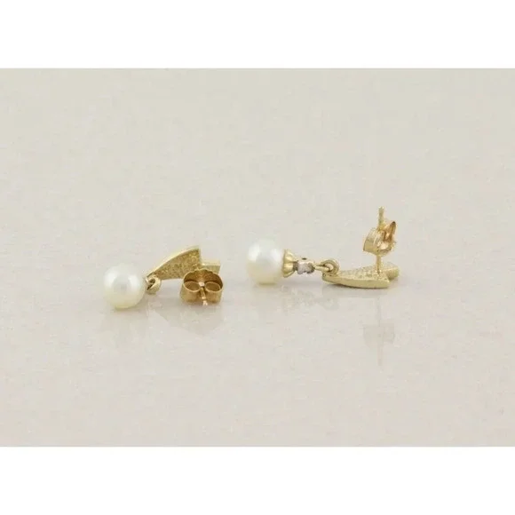 10k Yellow Gold Freshwater Pearl Earrings Dangle Drop - Picture 9 of 9